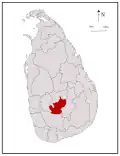 Area map of Nuwara Eliya District, located immediately south of the middle of the country and running roughly south west to north east, in the Central Province of Sri Lanka