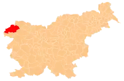 Map showing, in red, Bovec
