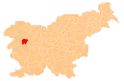 Map showing, in red, Cerkno