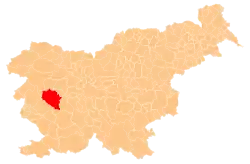 Map showing, in red, Idrija
