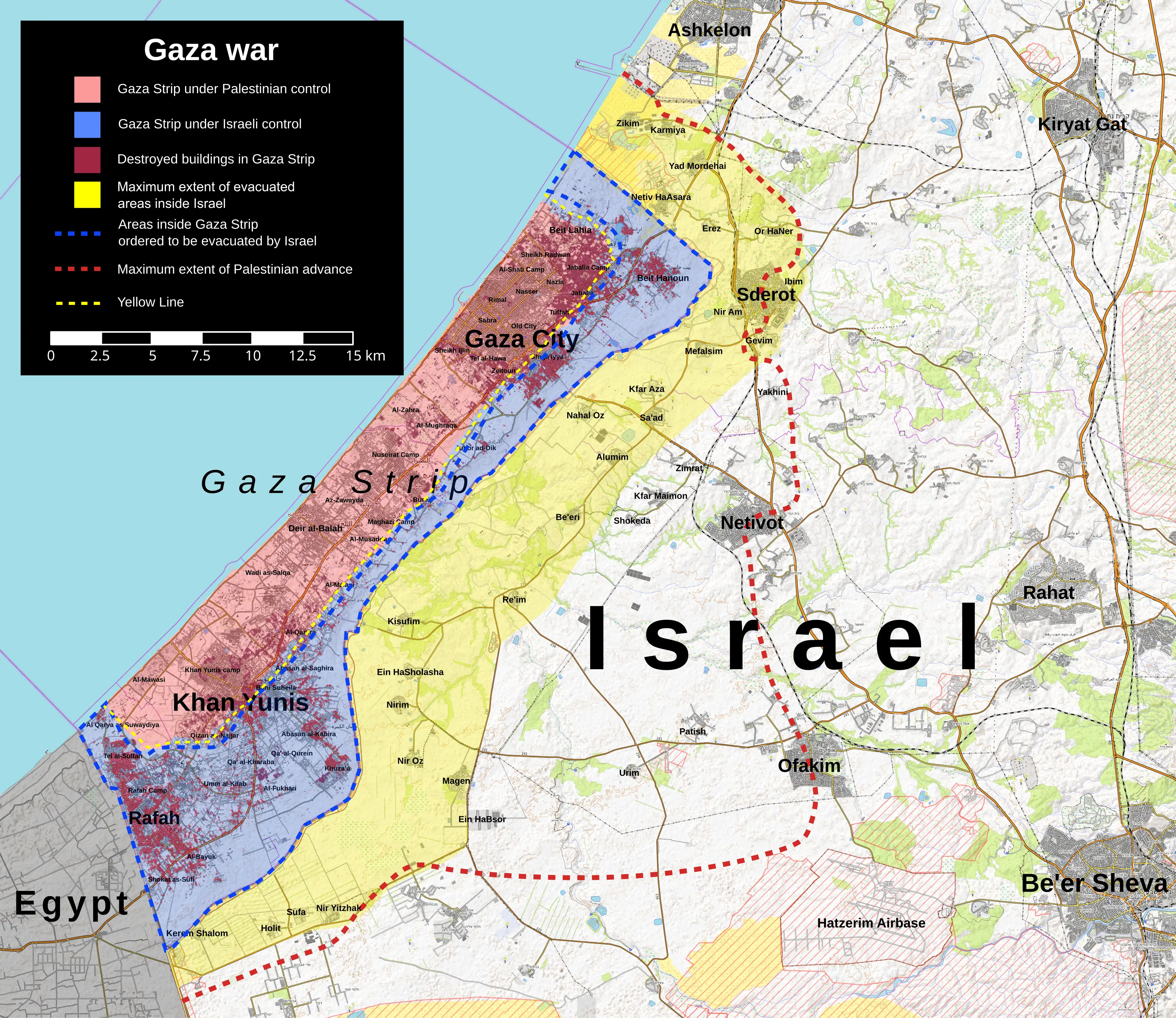 Map of the Gaza Strip and part of Israel. The part of Israel surrounding the Strip is marked as evacuated. Some parts of the Strip is marked as under Israeli control, and the remainder is marked as under Hamas control.