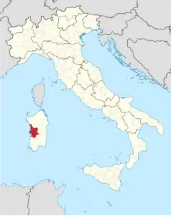 Map highlighting the location of the province of Oristano in Italy
