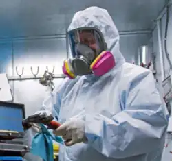 This is a person wearing a full-face elastomeric respirator. It covers the eyes too.