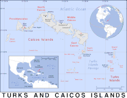 Location of Turks and Caicos Islands (circled in red)in the Caribbean (light yellow)