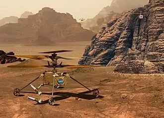 A robotic helicopter on the surface of Mars collecting samples.