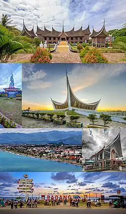 From top, left to right:
Adityawarman Museum/West Sumatra's traditional house (with iconic Minangkabau architecture),  Padang Area Monument, Grand Mosque of West Sumatra, Aerial view of Padang city, Fadli Zon Cultural Center, and sunset at Padang Beach.