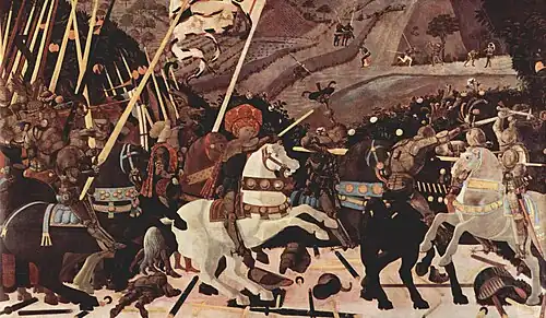  Very large panel painting of a battle scene with a man in a large ornate hat on a rearing white horse, leading troups toward the foe. Bodies and weapons lie on the ground. The background has distant hills and small figures.