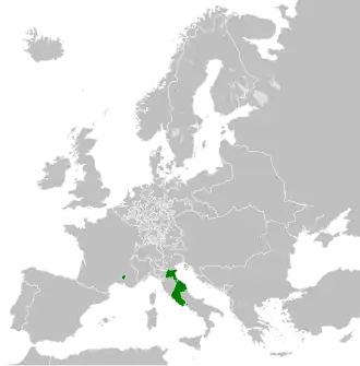 Map of the Papal States (green) at their greatest extent in 1789, including its exclaves of Benevento and Pontecorvo in southern Italy, and the Comtat Venaissin and Avignon in southern France