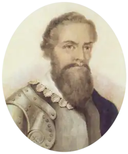 Half-length monochrome portrait of a bearded man with a lace collar over armor