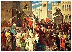 Peter the Hermit preaching in Cologne, to gather followers for the People's Crusade.