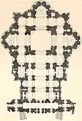 The finished basilica shows Michelangelo's plan, with four huge piers. It also shows Maderna's nave, portico and facade.