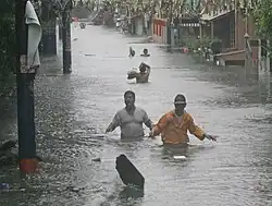 A flood in a village in the Philippines