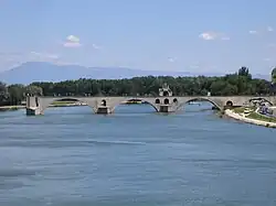 The Pont d'Avignon with Mont Ventoux in the background.