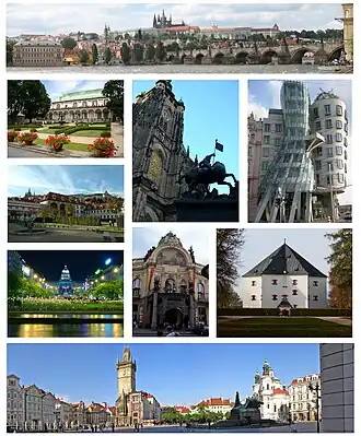 Montage of Prague, clockwise from top: Panorama of Prague Castle and Charles Bridge, Dancing House, Letohrádek Hvězda, Old Town Square, Wenceslas Square, Wallenstein Palace, Royal Garden at Prague Castle, St. Vitus Cathedral and Municipal House.