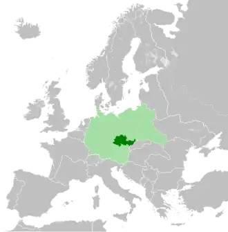 The Protectorate of Bohemia and Moravia in 1942, in dark green within Nazi Germany in light green