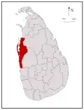 Area map of Puttalam District, lying along the western coast, in the North Western Province of Sri Lanka