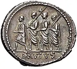 Denarius of Brutus, 54 BC, showing the first Roman consul, Lucius Junius Brutus, surrounded by two lictors and preceded by an accensus. of Rome