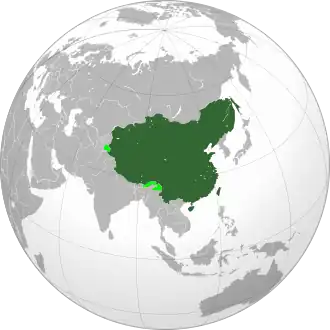 The Qing dynasty at its greatest extent in 1760 superimposed on a modern world map. Territory under its control shown in dark green; territory claimed but not under its control shown in light green.