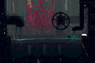 The protagonist swims through water to escape from a predator.
