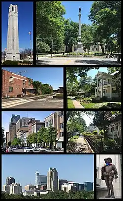Clockwise from top left: NC State bell tower, Former Monument at the North Carolina State Capitol (now removed), houses in Boylan Heights, houses in Historic Oakwood, statue of Sir Walter Raleigh, skyline of the downtown, Fayetteville Street, and the warehouse district