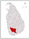 Area map of Ratnapura District, some distance from the south western coast with its western and southern borders converging towards the north west, in the Sabaragamuwa Province of Sri Lanka