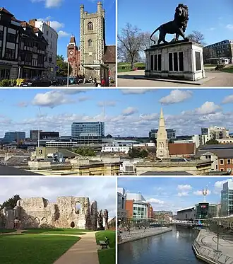 From top left: the Town Hall and St Laurence's Church, the Maiwand Lion, the Town Centre skyline from the Royal Berkshire Hospital, Reading Abbey and The Oracle