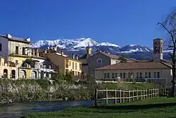 View of Rieti: Velino river, St. Francis church, Mount Terminillo.