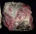 A rough chunk of rhodonite showing white and intense pink crystals.