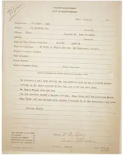 Police report on Parks, describing her "crime"