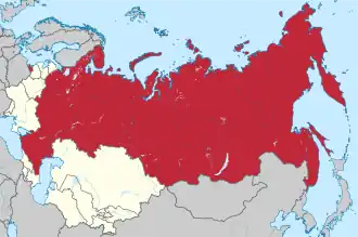 The Russian SFSR (red) within the Soviet Union (red and white) between 1956 and 1991