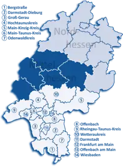 Map of Hesse highlighting the  Regierungsbezirk of Darmstadt
