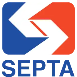 Angled white "S" with the word SEPTA in blue underneath. The background to the left of the "S" is blue and red on the right.