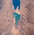 View of salt evaporation pans on the Dead Sea, taken in 1989 from the Space Shuttle Columbia (STS-28).
