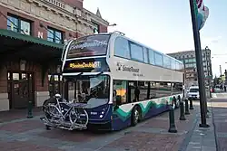 Sound Transit's first Double-decker bus on display at Union Station in Seattle, Washington.