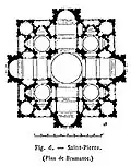 Bramante's plan is for a Greek Cross with a dome on four big piers. There is a tower at each corner.