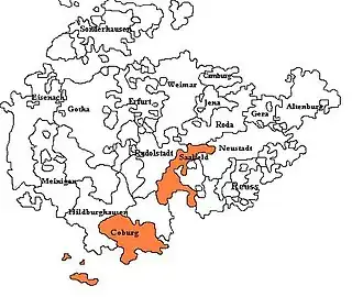 Saxe-Coburg-Saafeld, shown within the other Ernestine duchies
