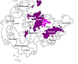 Saxe-Weimar, shown within the other Ernestine duchies and Saxe-Jena, joined to Saxe-Weimar in 1690