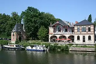 View of the Saar river and casino, Sarreguemines.