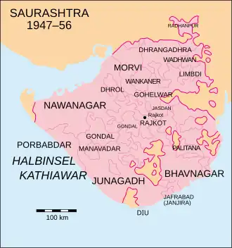Saurashtra highlighted in pink on map of Gujarat