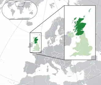 Location of &nbsp;Scotland&nbsp;&nbsp;(dark green)–&nbsp;on the European continent&nbsp;&nbsp;(green &&nbsp;dark grey)–&nbsp;in the United Kingdom&nbsp;&nbsp;(green)