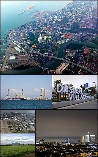 Clockwise from top: Butterworth, Design Village in Batu Kawan, Bukit Mertajam, a paddy field near Mertajam Hill, RMAF Butterworth, the Port of Penang