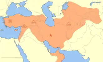 Seljuq Empire at its greatest extent in 1092, upon the death of Malik Shah I
