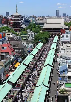 Photo from the sky of Sensō-ji and the buildings of Asakusa around it