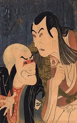 An 18th C. wood print by Japanese artist Toshusai Sharaku. Japanese wood prints and painting influenced the design of modern posters by such as Toulouse Lautrec.