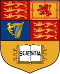 The coat of arms of Imperial College London use the Royal Standard over an open book mentioning "Scientia"