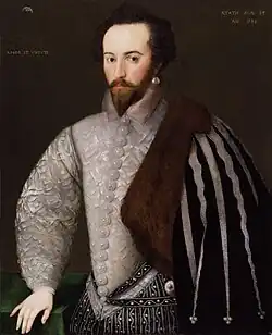 Portrait of Sir Walter Raleigh inscribed right: Aetatis suae 34 An(no) 1588 ("In the year 1588 of his age 34") and left: with his motto Amore et Virtute ("By Love and Virtue"). National Portrait Gallery, London, NPG 7