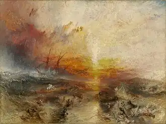 Painting of dead and dying slaves being thrown into the sea, by J.M.W. Turner.