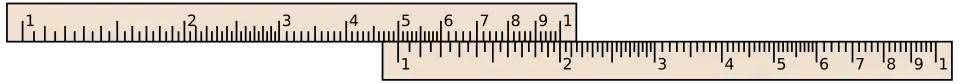 A slide rule, aligned to calculate 0.2×x