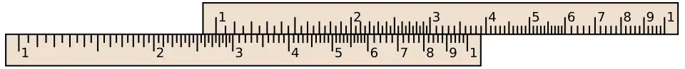 A slide rule, aligned to calculate x÷5.5