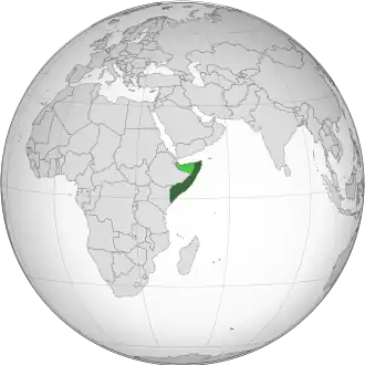 Area controlled by Somalia shown in dark green; claimed but uncontrolled region (Somaliland) shown in light green